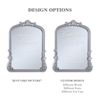 Design options graphic showing two ornate silver-framed memorial mirrors side by side on a white background, with text labeled 'DESIGN OPTIONS,' 'JUST LIKE PICTURE,' and 'CUSTOM DESIGN.'.