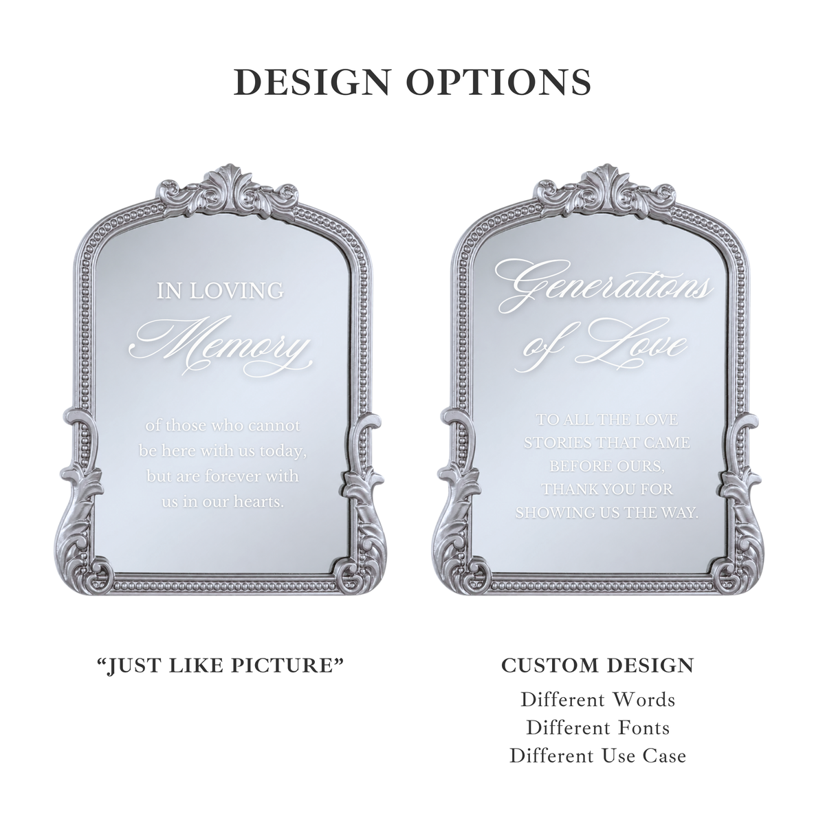 Design options graphic showing two ornate silver-framed memorial mirrors side by side on a white background, with text labeled 'DESIGN OPTIONS,' 'JUST LIKE PICTURE,' and 'CUSTOM DESIGN.'.