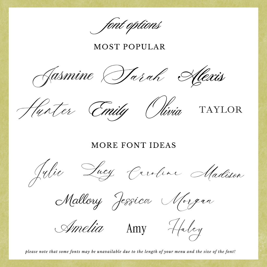 A square informational graphic showing sample script and serif font options, with headings 'font options', 'MOST POPULAR', and 'MORE FONT IDEAS'. Popular names listed include Jasmine, Sarah, Alexis, Hunter, Emily, Olivia, Taylor, Julie, Lucy, Caroline, Madison, Mallory, Jessica, Morgan, Amelia, Amy, and Haley.