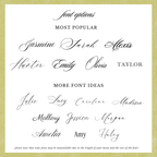 A square informational graphic showing sample script and serif font options, with headings 'font options', 'MOST POPULAR', and 'MORE FONT IDEAS'. Popular names listed include Jasmine, Sarah, Alexis, Hunter, Emily, Olivia, Taylor, Julie, Lucy, Caroline, Madison, Mallory, Jessica, Morgan, Amelia, Amy, and Haley.