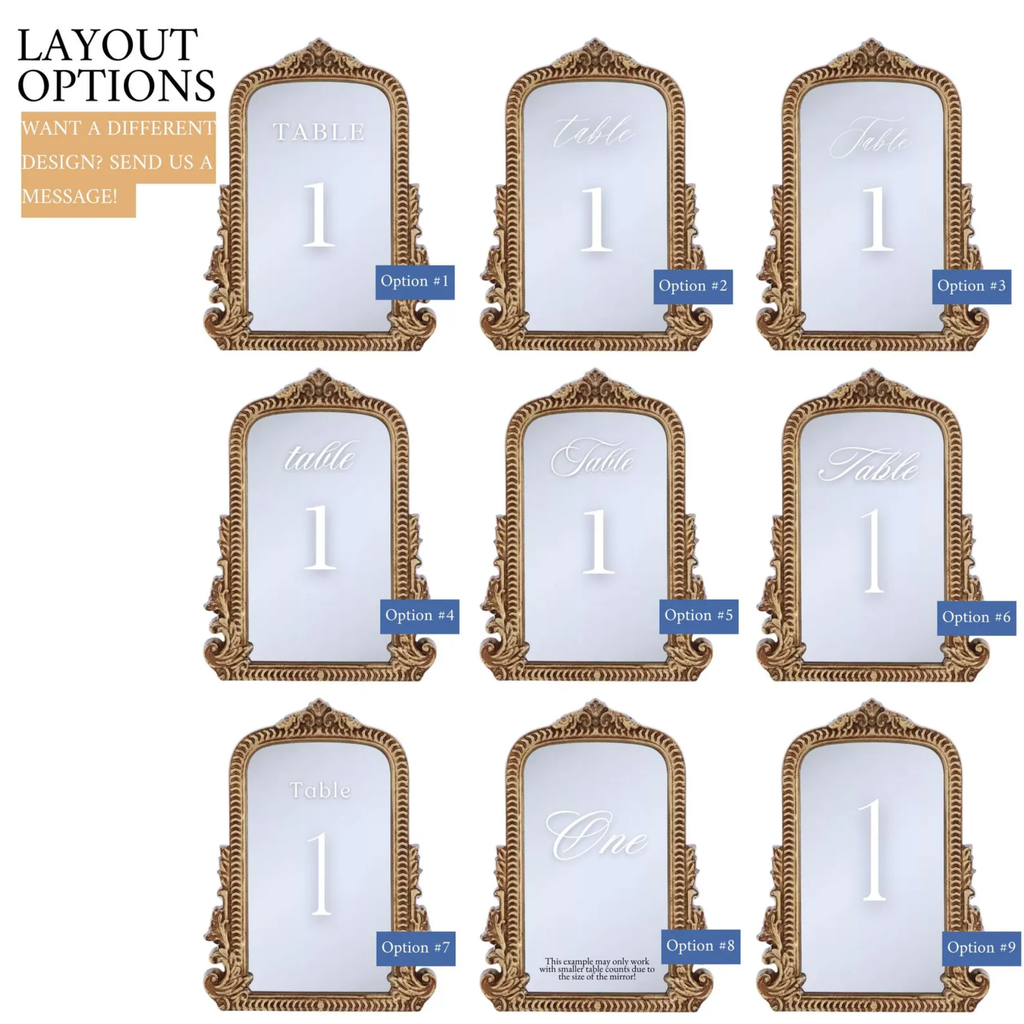 A grid of ten ornate gold table number placemats labeled Table 1, shown as layout options with text reading 'LAYOUT OPTIONS' and 'WANT A DIFFERENT DESIGN-SEND US A MESSAGE!'. Each placemat has a decorative gold frame and a white center with a large number 1.