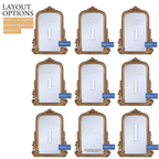 A grid of ten ornate gold table number placemats labeled Table 1, shown as layout options with text reading 'LAYOUT OPTIONS' and 'WANT A DIFFERENT DESIGN-SEND US A MESSAGE!'. Each placemat has a decorative gold frame and a white center with a large number 1.