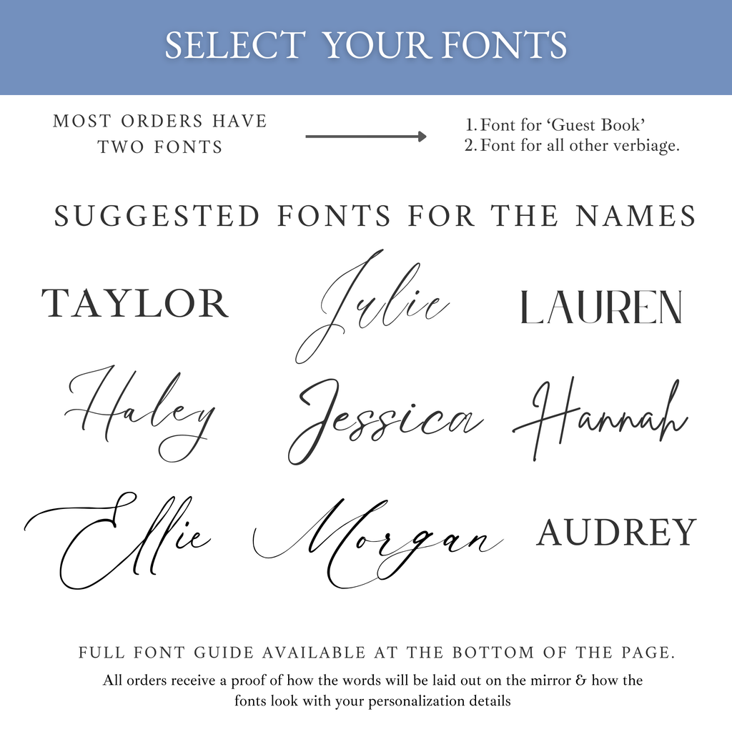 Font selection guide for customizing wedding guest book signs.