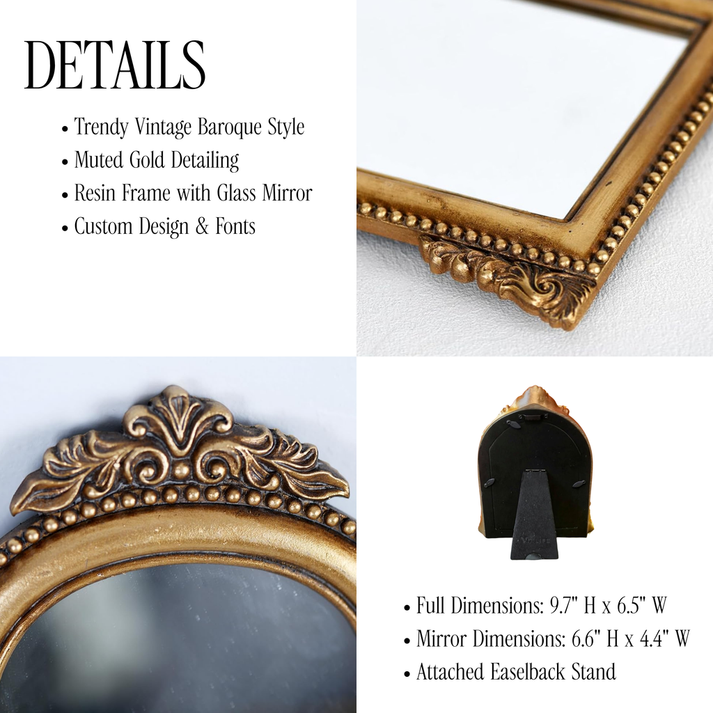 Vintage-style ornate gold-framed mirror collage showing close-up details of the baroque-style frame, the mirror glass, and the black easel stand, with text listing features and dimensions.
