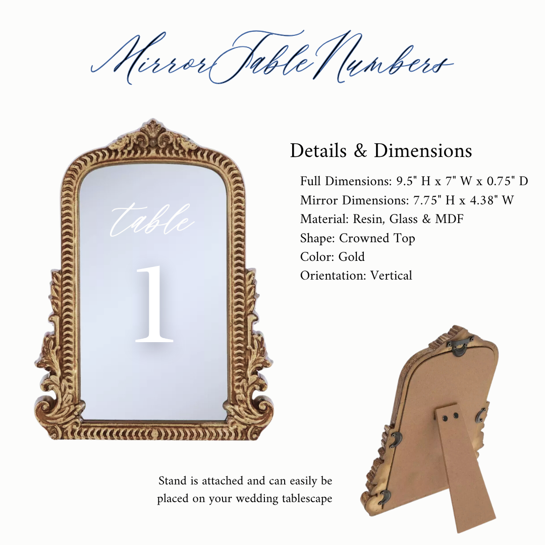 Mirror Wedding Table Numbers in Vintage Gold