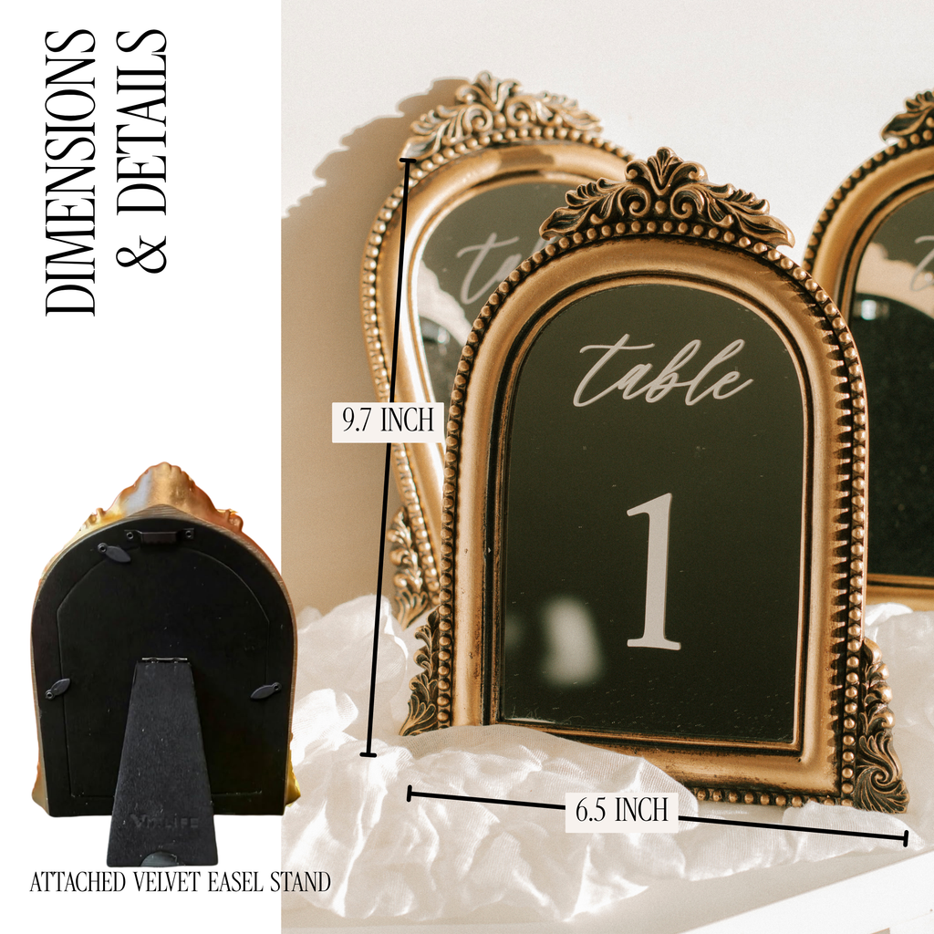 Gold ornate table number sign with a black chalkboard insert and attached black velvet easel stand, shown with dimension callouts reading 9.7 inch height and 6.