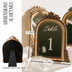Gold ornate table number sign with a black chalkboard insert and attached black velvet easel stand, shown with dimension callouts reading 9.7 inch height and 6.