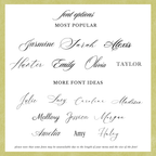 A digital graphic displaying font options for custom names, featuring elegant script and serif typefaces such as Jasmine, Sarah, Alexis, Hunter, Emily, Olivia, Taylor, Julie, Lucy, Caroline, Madison, Mallory, Jessica, Morgan, Amelia, Amy, and Haley. The text is presented on a white background with a light olive green border.
